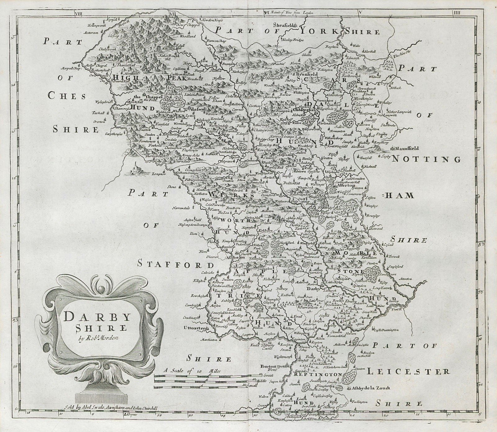 Derbyshire. 'DARBY SHIRE' by ROBERT MORDEN. Shows Peak District 1722 old map